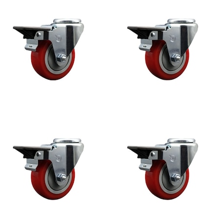 Service Caster 3.5'' Red Poly Wheel Swivel Bolt Hole Caster Set with Posi Lock Brakes, 4PK SCC-BH20S3514-PPUB-RED-PLB-4
